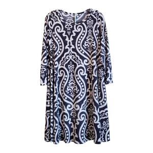 BELLAMIE Women's M Swing Dress Gray White 3/4 Sleeve Pockets Bust 36"